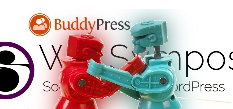 Composite image of Rock'em robots and WP Symposium Pro and BuddyPress logos