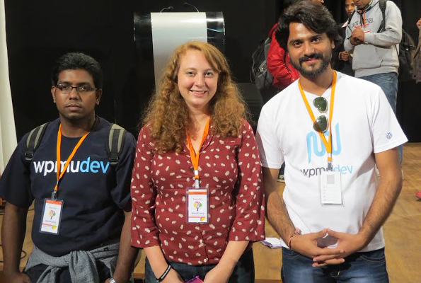 Ashok and PC with former WPMU DEV writer Siobhan McKeown at WordCamp Baroda in January.