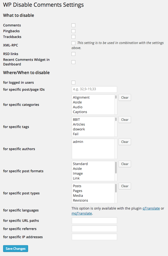 Screenshot of the WP Disable Comments Settings page