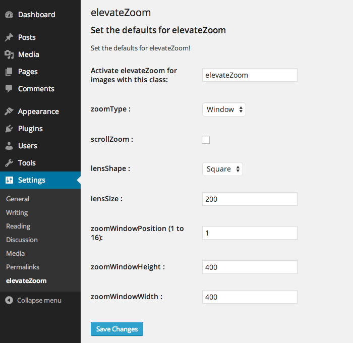 Screengrab of the admin settings page for elevateZoom