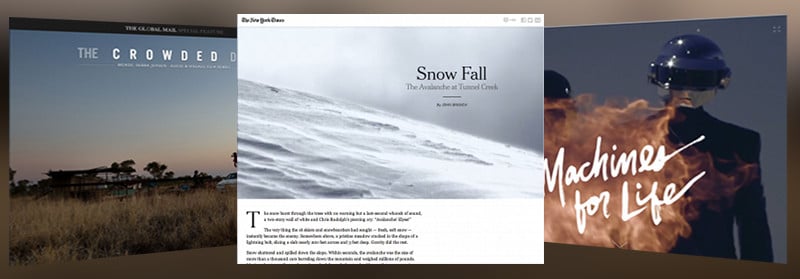 Screenshot of the NYT's Snowfall, The Global Mail's Crowded Desert and PitchFork's Daft Punk feature