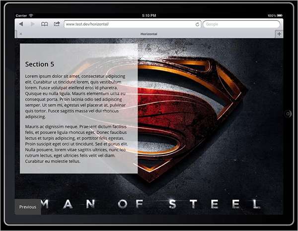 Screengrab showing full-screen background image with a 75% opaque text box floating left