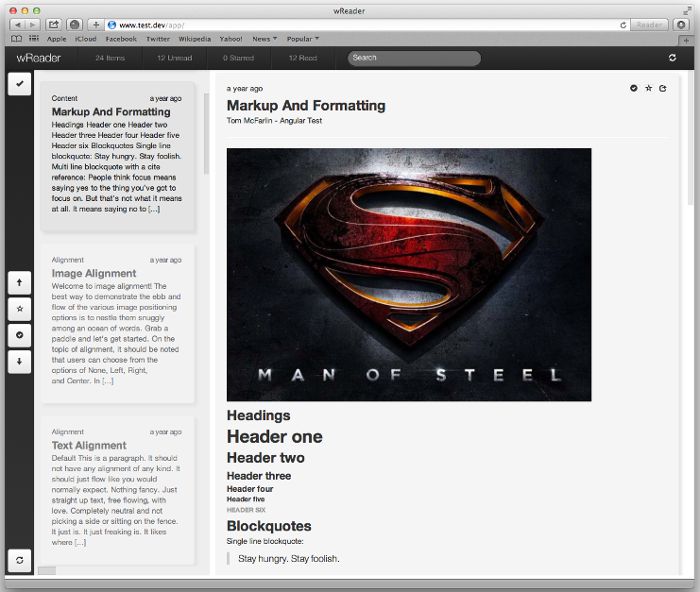 Screenshot of the wReader app running with the content from a WordPress site