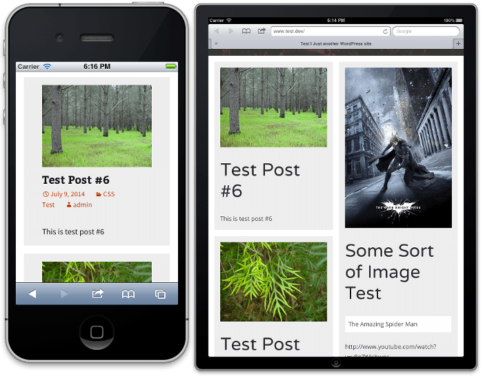 Screen shots of masonry layout on an iPhone (1 column) and iPad in portrait mode (2 columns)