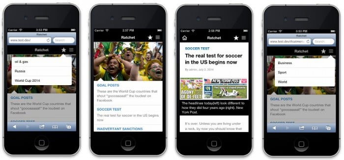 Four screenshots of the mobile theme running on an iPhone