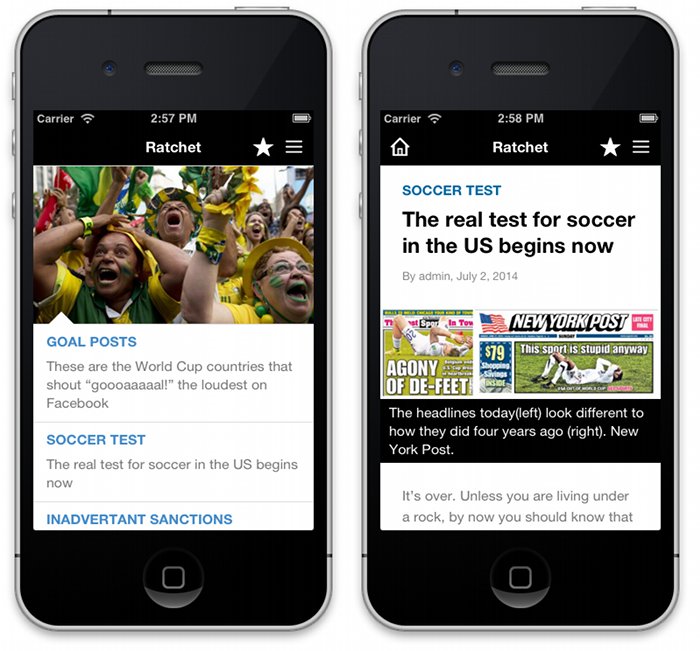 iPhone screenshots of the home page and a single post