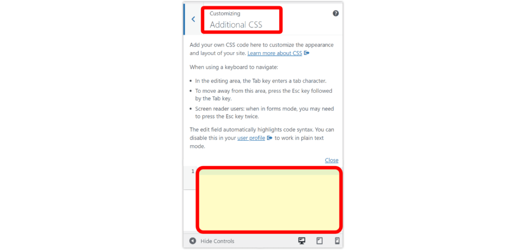 WP default customize adding CSS