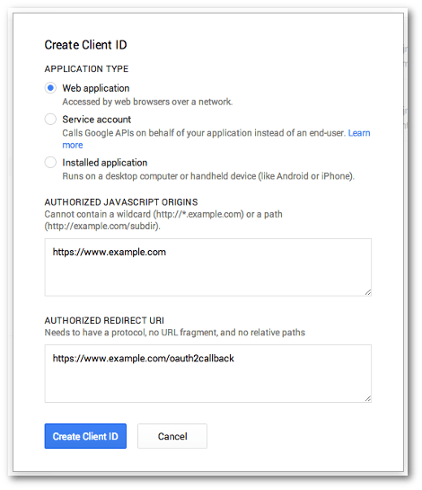 Screengrab of the Google Project Create Client ID dialog