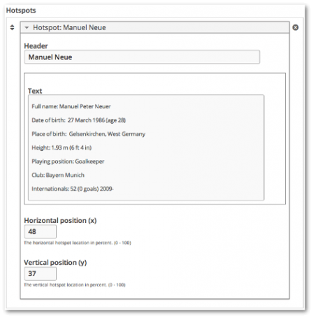 Screengrab of hotspot for Manuel Neue hotspot showing header, text. horizontal and vertical position