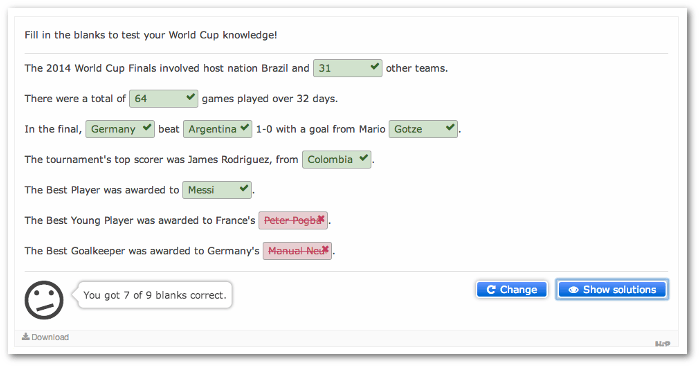Screengrab of the World Cup quiz featuring questions with blanks that are checked for correct entries and a total score displayed.