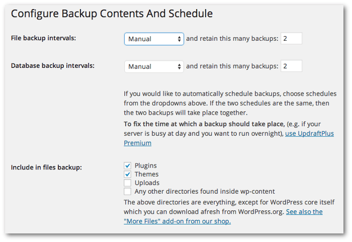 Screengrab of the Configure Backup Contents And Schedule options for UpddraftPlus
