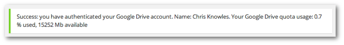 A screengrab of the success notification from UpdraftPlus on successfully configuring Google Drive as a remote store