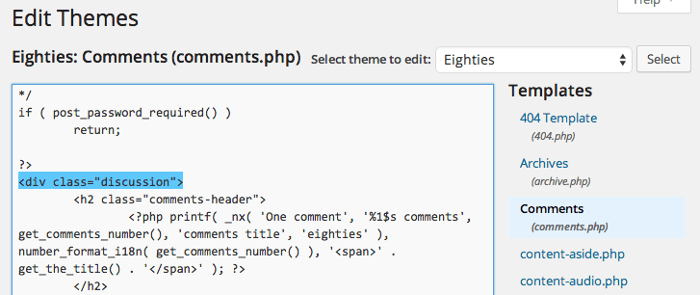 Screengrab of the comments template for the Eighties theme in the WordPress theme editor