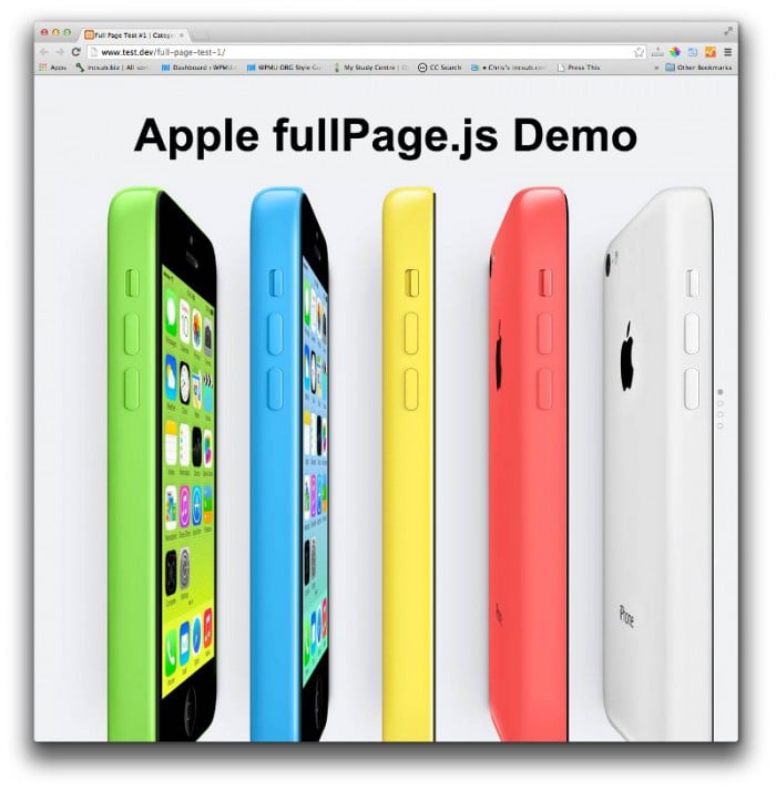 The Apple iPhone 5C line-up with the title Apple fullPage.js Demo