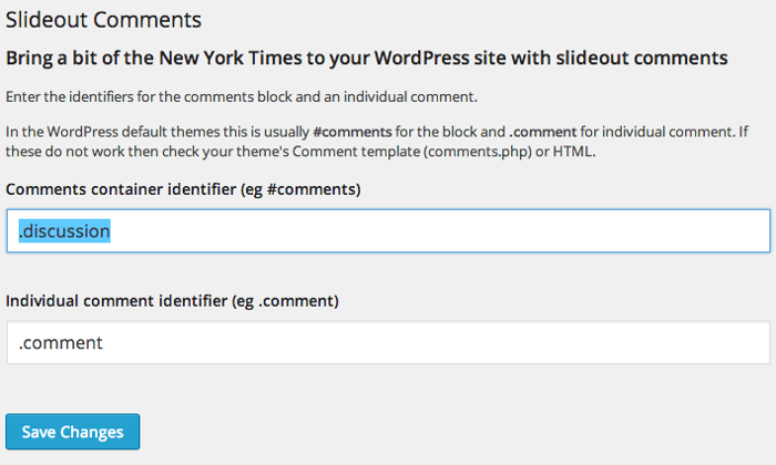 Screengrab of the slideout comments plugin options