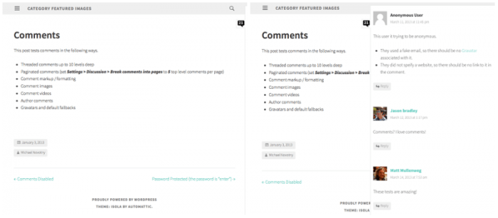Two screenshots of a post using the Isola theme with the sidebar open and closed