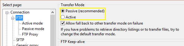 FileZilla's settings screen under Connection > FTP: Passive and Active Mode