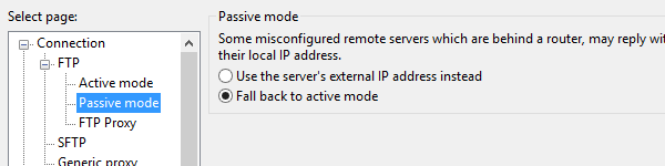 FileZilla settings under Connection > Passive mode