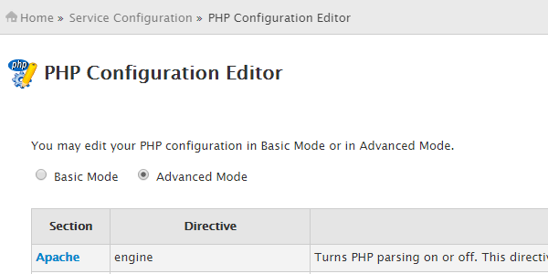 WHM > Service Configuration > PHP Configuration Editor in advanced mode
