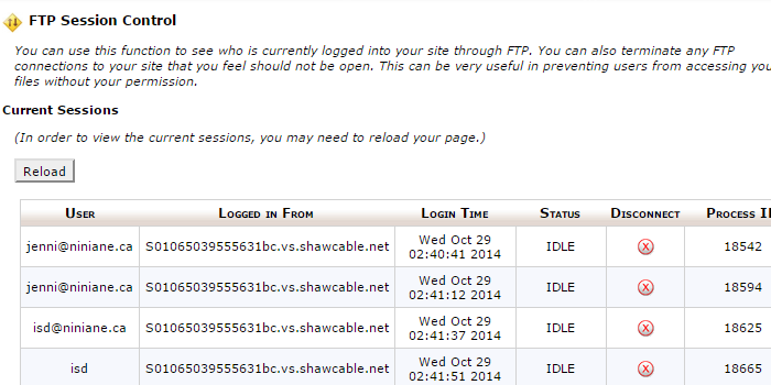In cPanel, navigate to Files > FTP Session Control in order to close connections manually