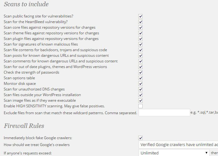 Select what to scan from the Wordfence options page.