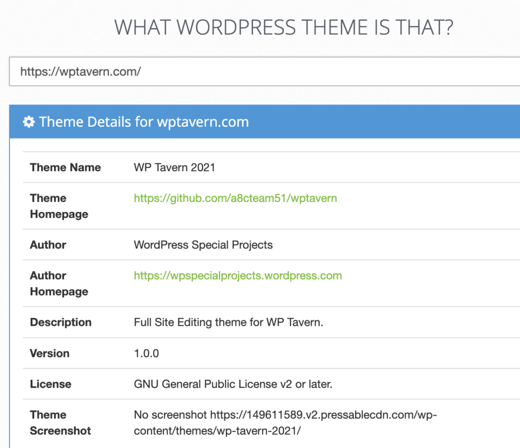 A screen showing WP Tavern's theme information