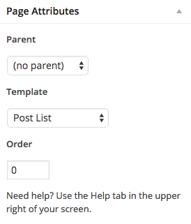 Page attributes box with our template selected