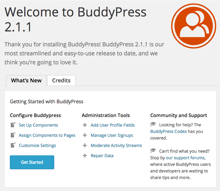 The BuddyPress welcome screen
