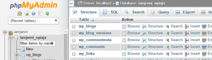 Your tables are loaded in phpMyAdmin when your database name is clicked in the menu