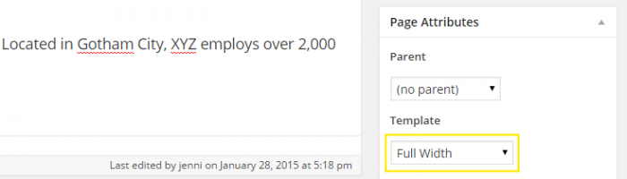 Under page attributes > Template in the page editor, the "Full Width" template is selected.