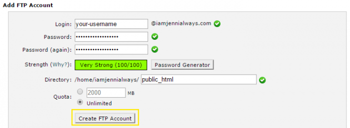 The username, password, directory and quota fields have been filled out to create a new FTP account in cPanel