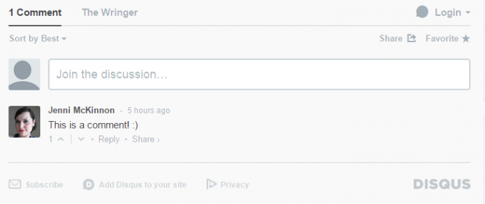 A comment box powered by Disqus with one comment displayed beside its respective author and avatar.