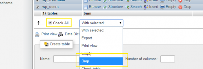 The "Check All" box is selected in phpMyAdmin and the "Drop" option is being selected in the dropdown box next to it.