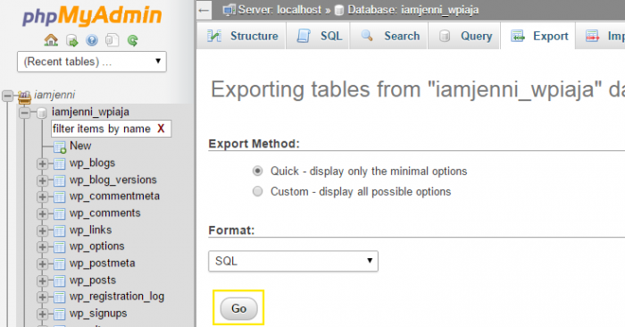On phpMyAdmin's "Export" screen, the quick export method is selected with a radio box and the format is automatically set to "SQL."