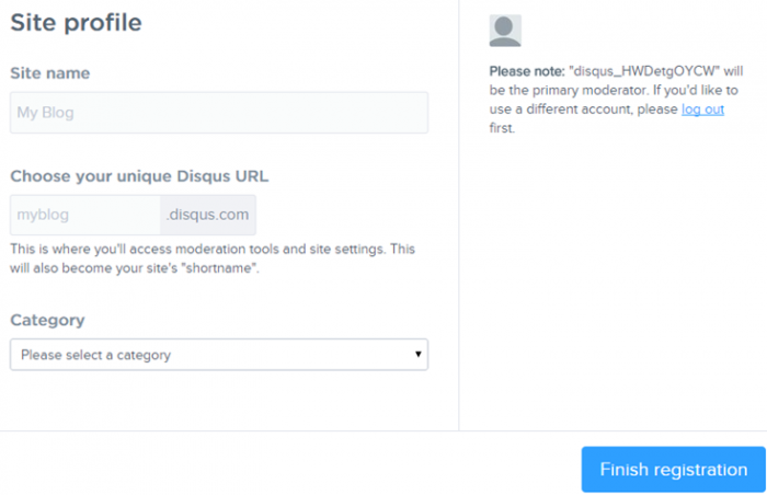 A registration form on the Disqus website for a site to use Disqus comments on their site. It simply asks for the site name, choose the beginning of the site URL (followed by .disqus.com) and the subject category in a drop down box.
