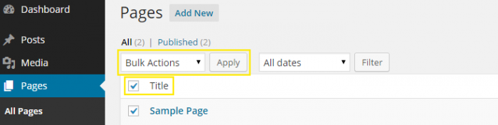 The "Title" check box has been selected on the "Pages" admin menu page and the "Bulk Actions" drop down box above it is highlighted.