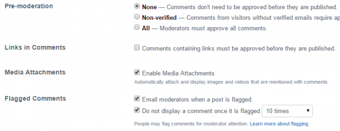A selection of general Disqus settings including pre-moderation, media attachments and flagging comments