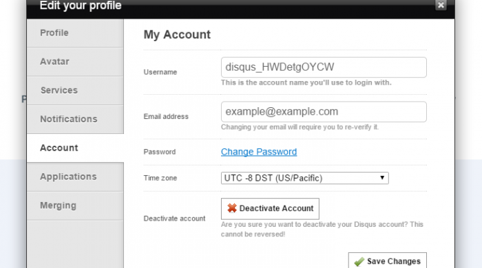 The profile editing pop up on the Disqus member's area with the "Account" tab selected and the username listed.
