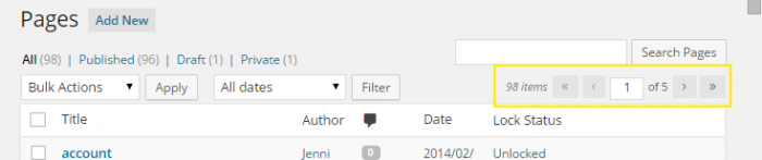 The pagination on the "Pages" admin dashboard page. It shows that there are 98 items across 5 pages.