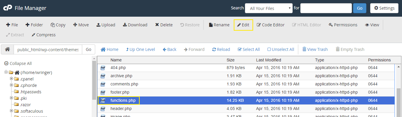 The File Manager in cPanel. The functions.php file has been selected.