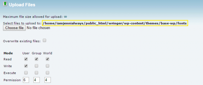 A screenshot of the "Upload Files" page in cPanel. The upload file path is highlighted.