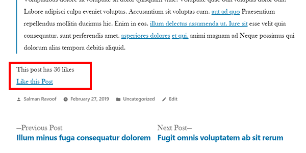 Screenshot showing our simple post like counter on the frontend of a post. "Like this post" link that increases the count each time you click it.