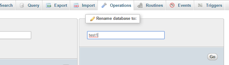 The operations tab has been clicked in phpMyAdmin after a database has been selected.