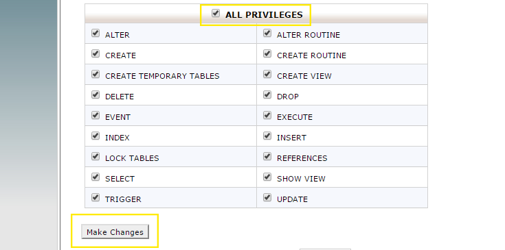 The "All Privileges" checkbox has been selected and the "Make Changes" button is highlighted.