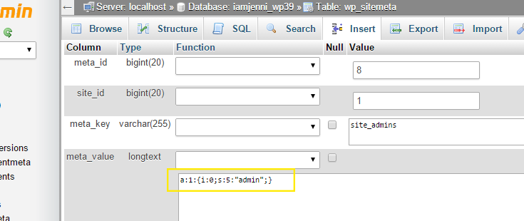 The "Insert" page for the "site_admins" table option is displayed.