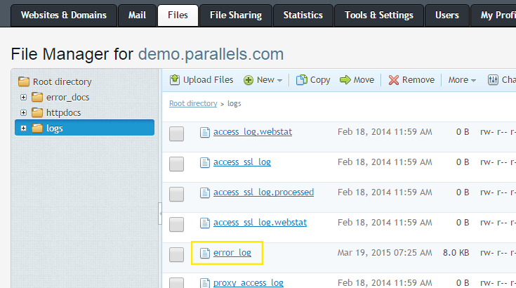 The file manager page in Plesk. The "logs" menu item has been selected and the error log is highlighted.