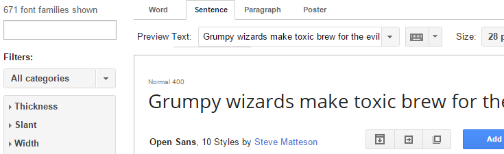 The Google fonts directory where a popular sample of a font is displayed, called "Open Sans" along with a menu on the top to display viewing options and one on the left to refine your search.