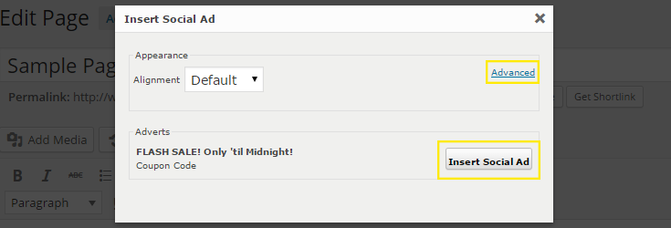 The "Insert Social Ad" pop-up with the "Advanced" link and "Insert Social Ad" button highlighted.