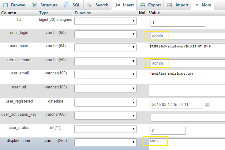The name "admin" is highlighted in three options: "user_login, "user_nickname" and "display_name." 