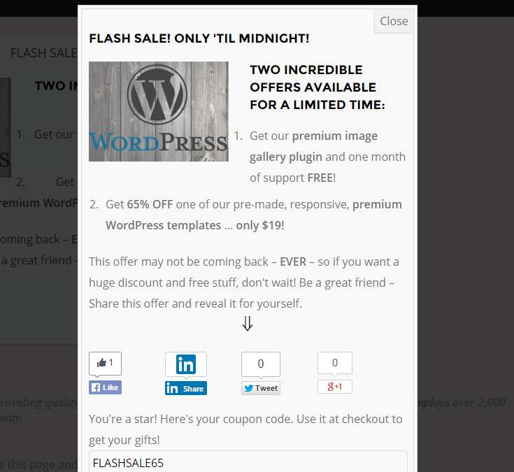 A sample "flash sale" offer for a free image gallery plugin with one month support and 65% off a WordPress template in a pop-up. Social sharing icons are displayed at the bottom and the "success" message is displayed with a coupon code since the offer was successfully shared.